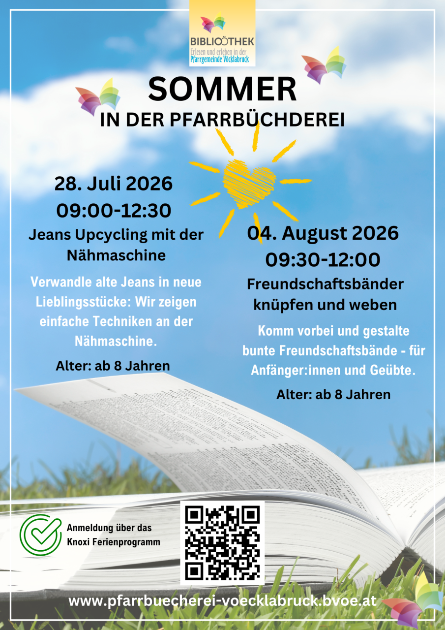 Plakat Sommerleseveranstaltungen in der Pfarrbücherei Vöcklabruck, Sommer in der Pfarrbücherei