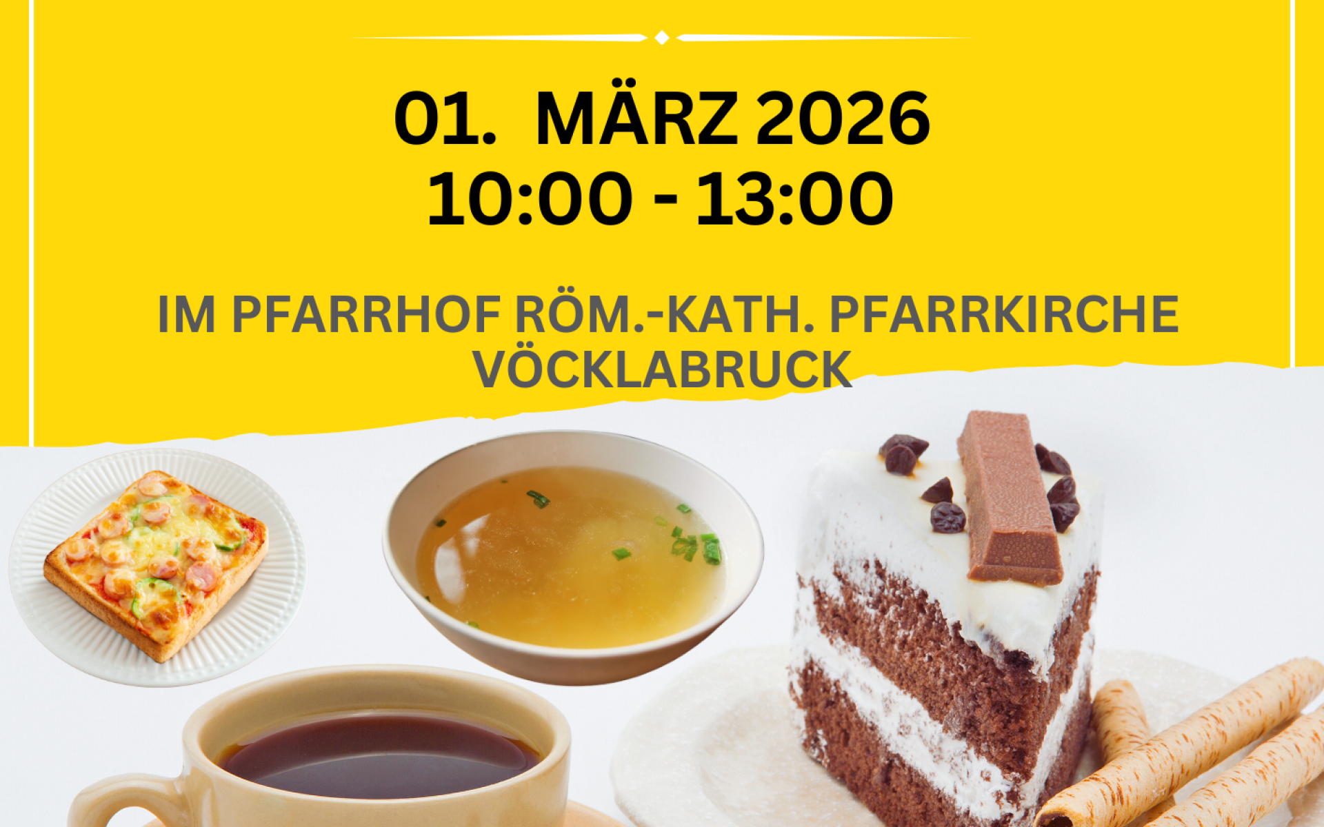 Plakat, Einlaldung zum Pfarrcafe der Pfarre Vöcklabruck am 01. März 2026, durchgeführt von der Pfarrbücherei Vöcklabruck